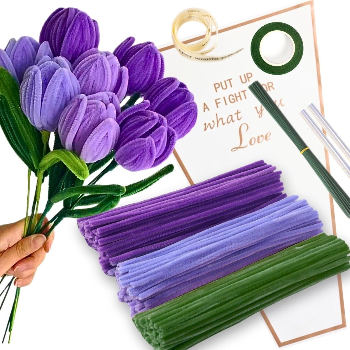 SnelShoppen - Complete Tulpen Bloemen Boeket Set met 150 Kleurrijke Pijpenragers in Lichtpaars, Middelpaars en Groen + 8 Groen Craft Wire, Cadeauverpa