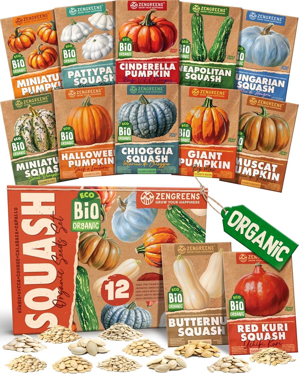 SnelShoppen - Organic Pompoen Zaden Set - 12 Stuks - Hoogwaardige Zaden voor Tuin, Balkon en Moestuin - Eenvoudig te Verbouwen, Gezond en Productief