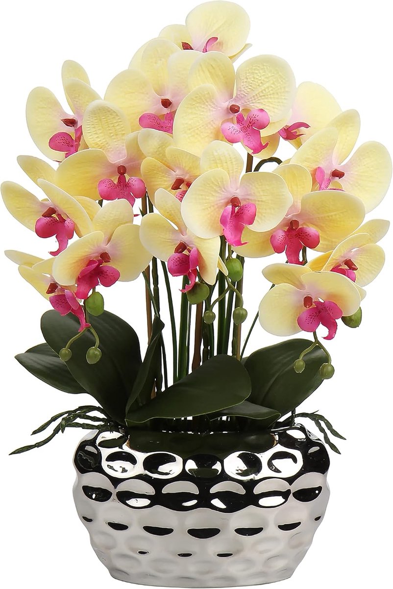 SnelShoppen - Kunstplant Orchidee Decoratie - Realistische Kunstbloemen in Keramieken Vaasje - Hoogte 44 cm - Perfect voor Woonkamer, Raamdecoratie en