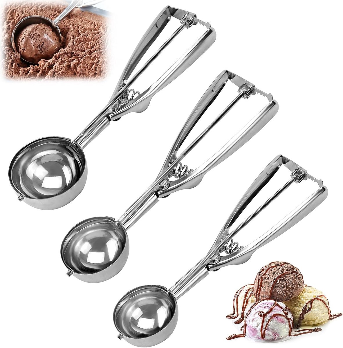 Set van 3 RVS IJslepel met Diverse Diameters voor Perfecte Porties IJs, Koekjes en Taartdeeg