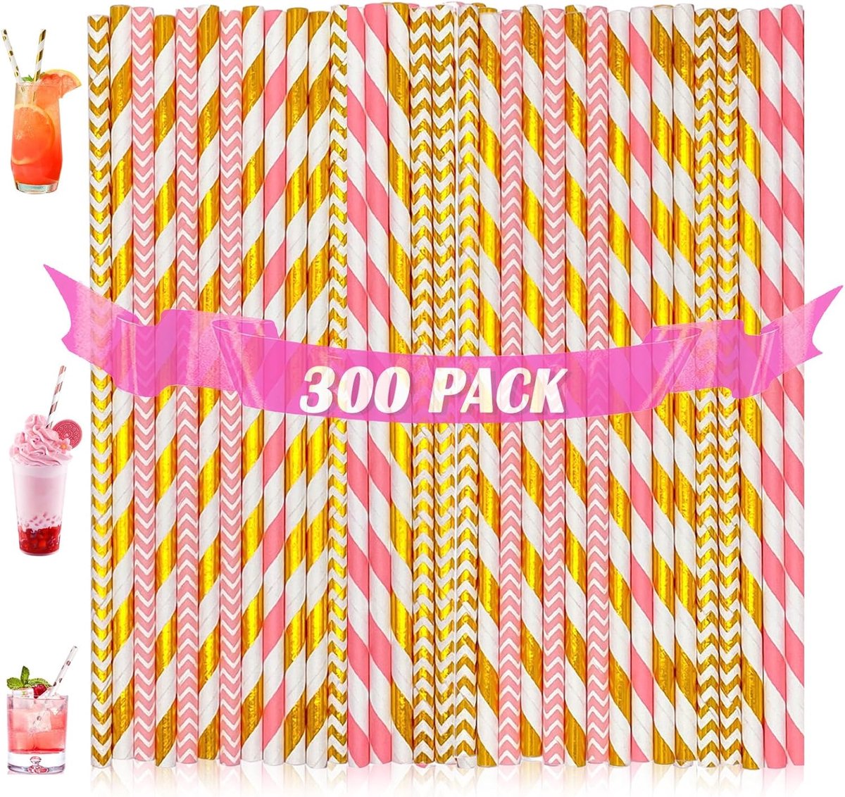SnelShoppen - 300 Stuks Papieren Rietjes - Biologisch Afbreekbare Drinkrietjes - Kleurige Cocktails & Cold Drinks - 7.8 Inch Hot Pink - Perfect voor F