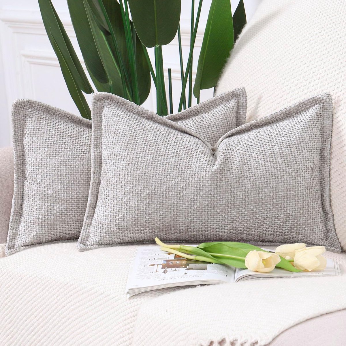 SnelShoppen - Set van 2 Zachte Korte Chenille Velvet Fringe Kussenslopen Decoratieve Kussenhoezen voor Sofa en Slaapkamer 30x50cm Oatmeal