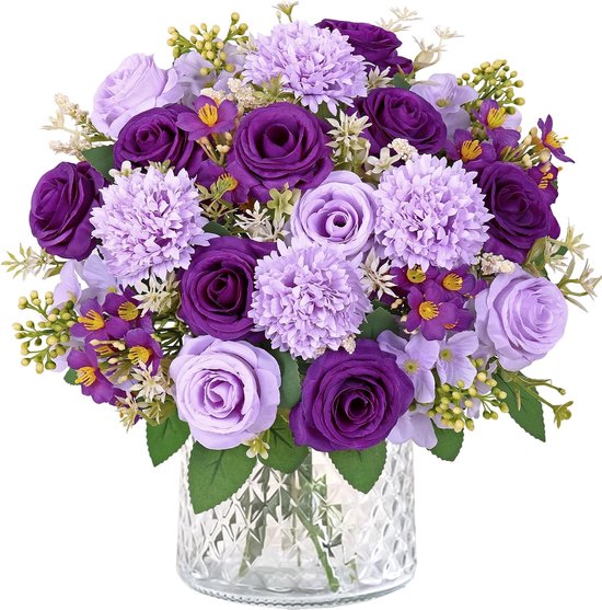 SnelShoppen - Kunstrozen en Kunsthortensia Boeket - 4 Bundels Kunstbloemen in Paars - Perfect voor Bruidsboeketten, Feesten, Tafeldecoratie en Woondec