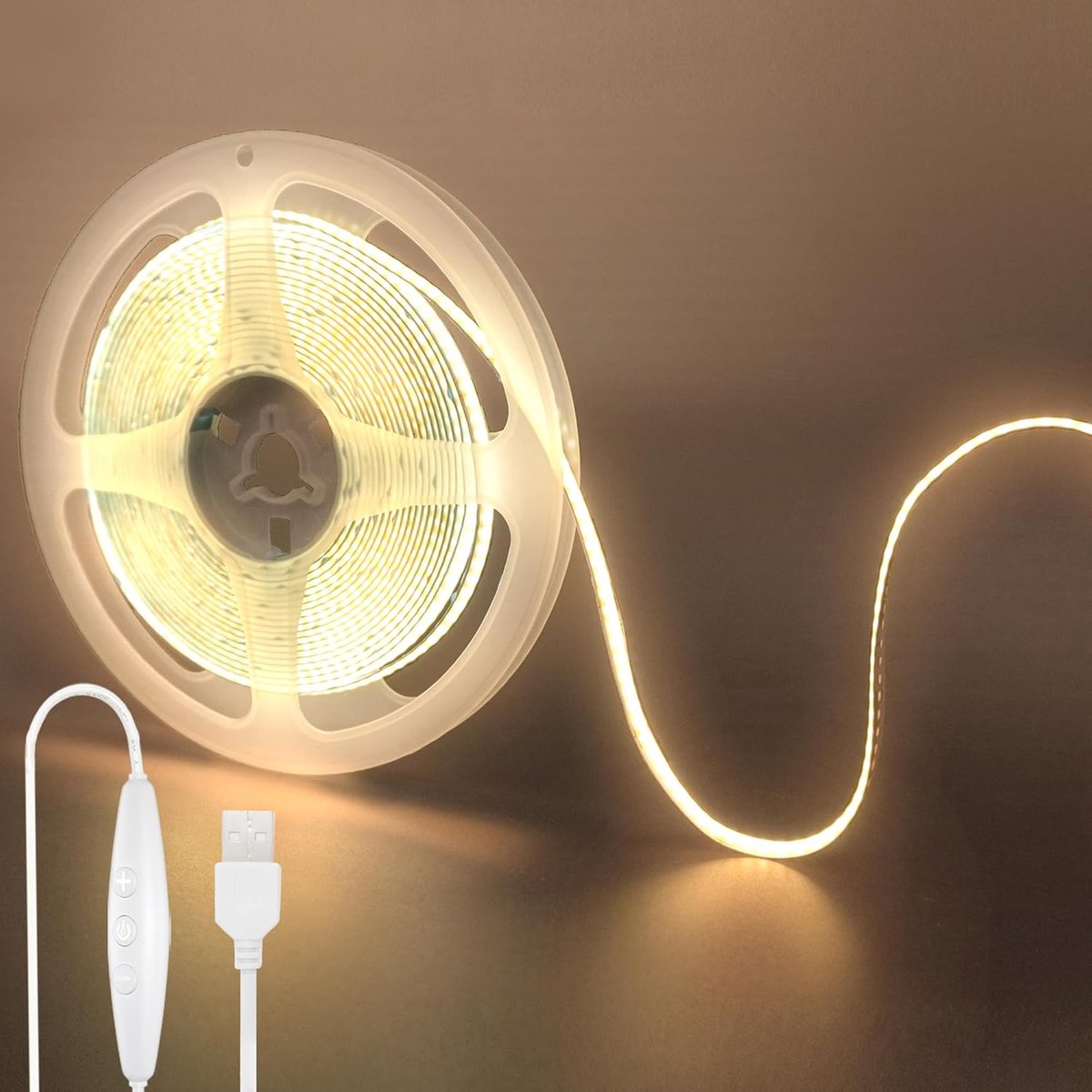 SnelShoppen - 2PACK 5V USB COB LED Strip met Dimbare Schakelaar, 16.4FT/5M Warm Wit 3000K, 320LED/M, 8mm Breed, Niet Waterdicht IP20 voor DIY Interieu