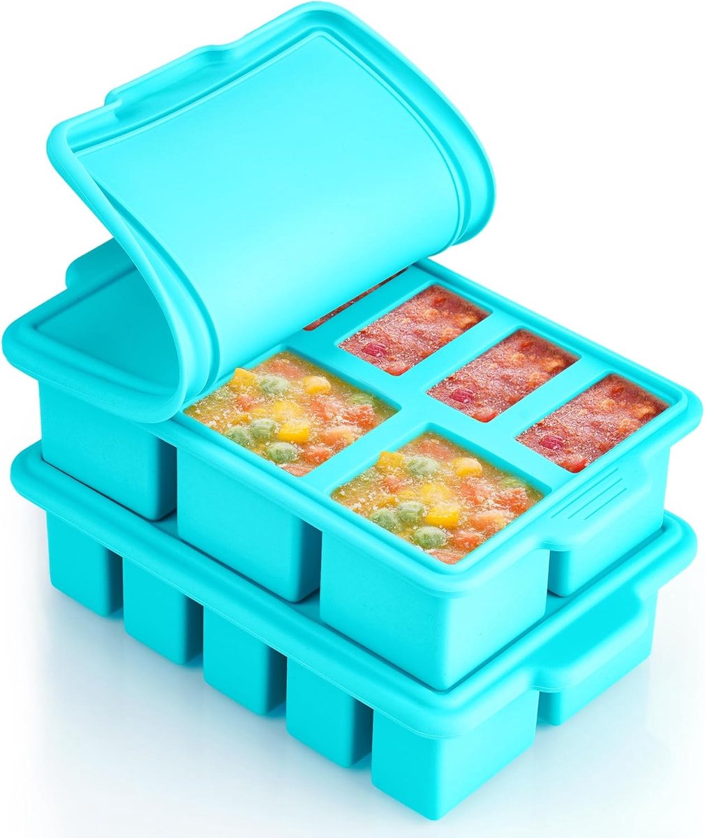 SnelShoppen - Set van 2 Siliconen Vriesvormen met Deksel, 8-Weg Portioneer (125 ml & 50 ml), Silicone Vriescontainer voor Soepen, Babyvoeding, Sauzen,