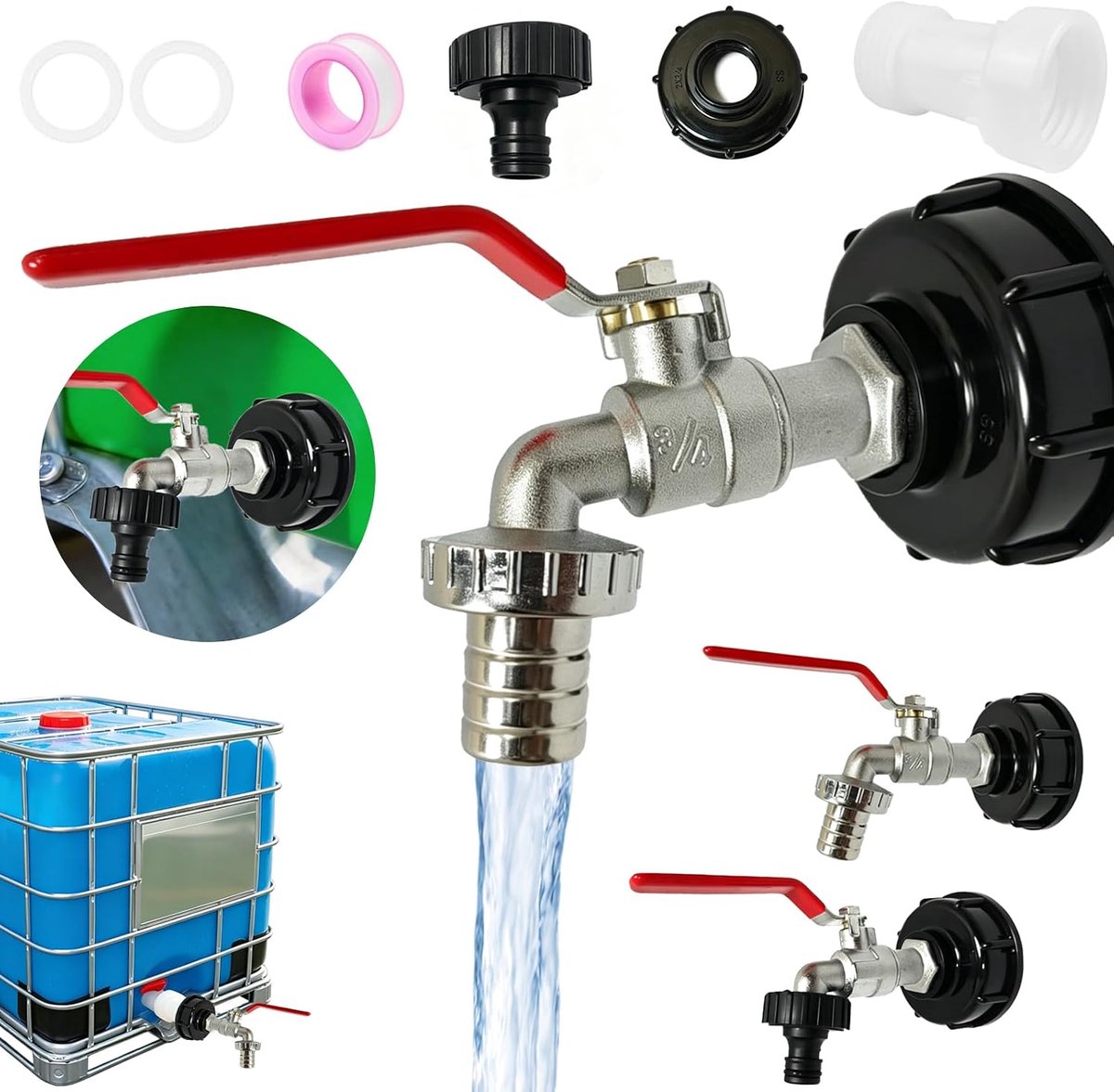 SnelShoppen - IBC Tankaccessoires Aftapkraan 3/4" voor 1000L Watertank | S60x6 verlenging, slangaansluiting, PVC-afdichtring, corrosiebestendig, tuin,