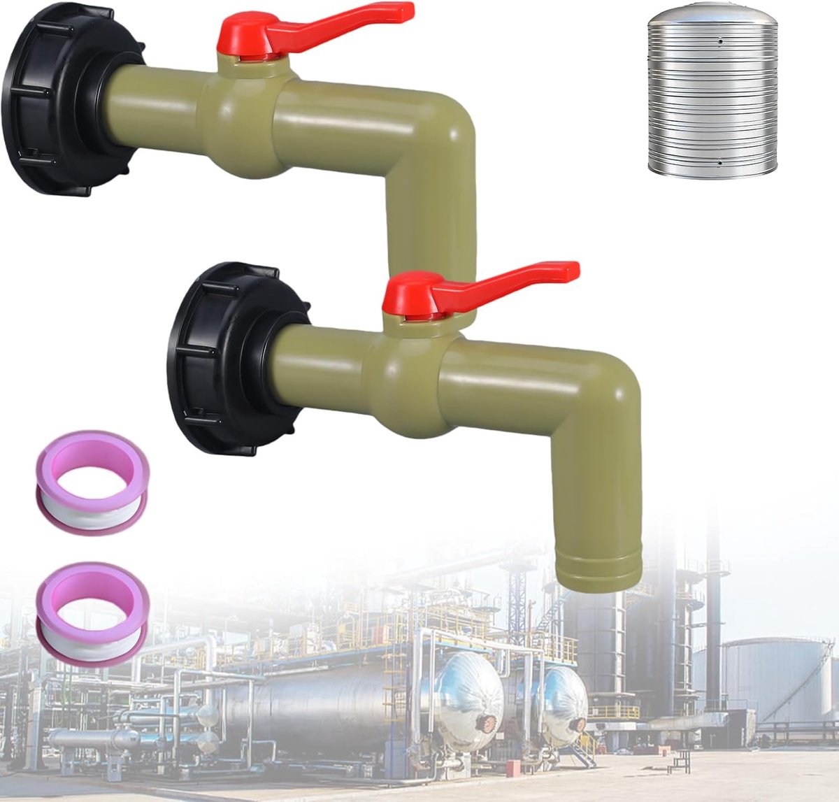 SnelShoppen - IBC Aftapkraan 2 Stuks met Adapterdop S60 × 6, Kogelkraan 1 Inch voor Watertank, Duurzame PP Kunststof, Inclusief Afdichting en Plakband