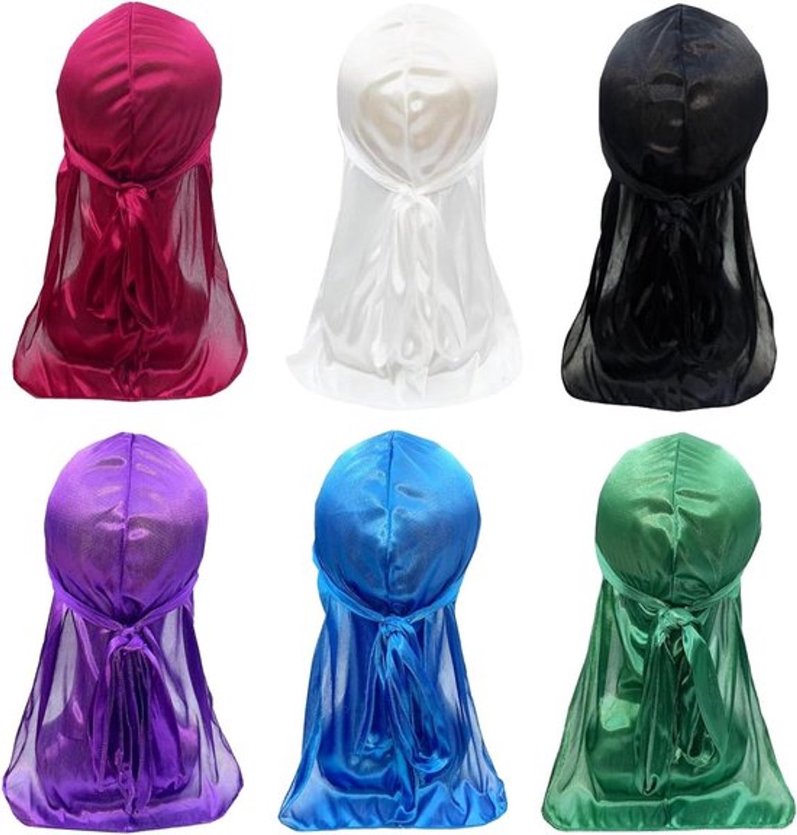 Zijden Durags voor Heren en Dames - Set van 6 - Elastisch - Sport Durags met Lange Staart - Brede Bandjes - 6 Kleuren