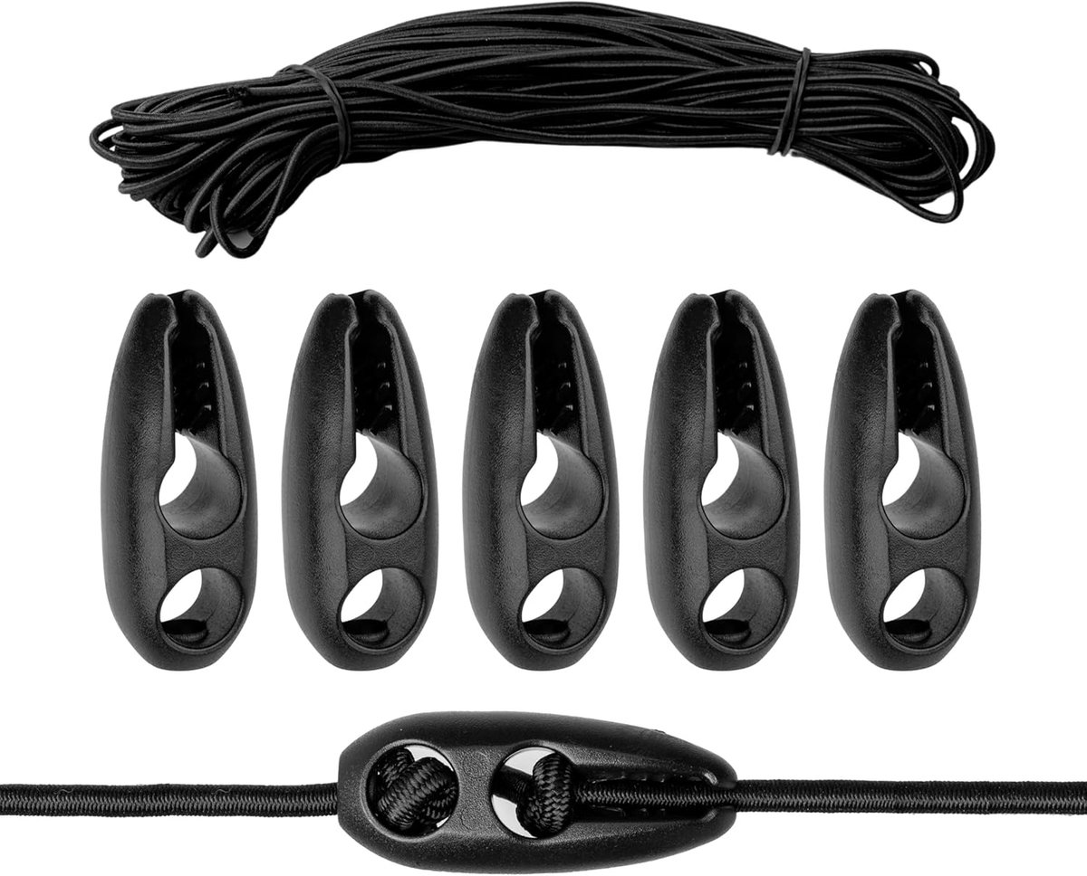 SnelShoppen - Elastic Rubber Tensioner Set 5 Stuks, 600 x 4 mm Elastische Luggage Straps met Clips, Zwart, Voor Waarschuwingsborden, Fietsen, Caravans