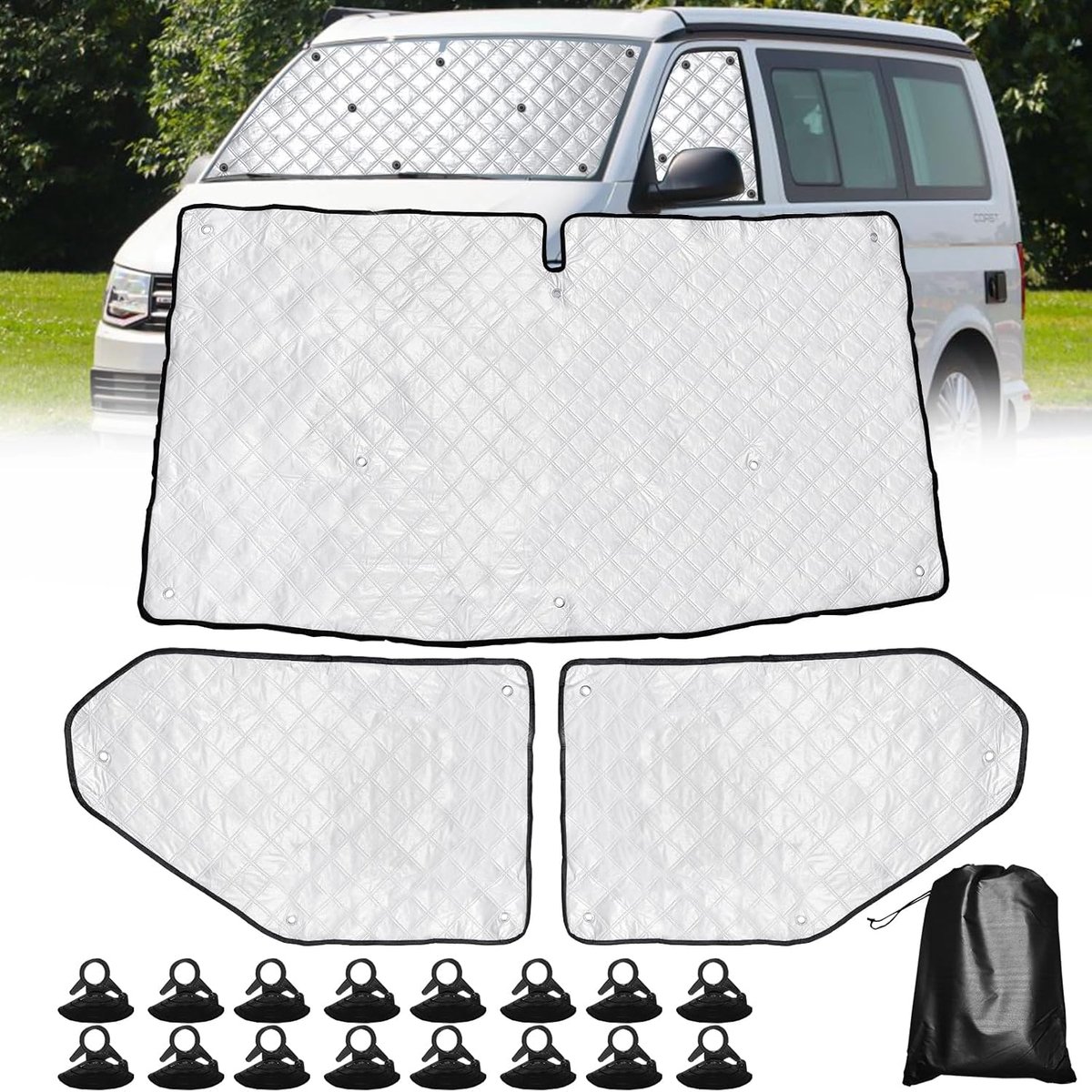 SnelShoppen - Sun Shade Windscreen voor V W T5 T6 Kampeerauto 3-delige Thermische Mat Set Voorruitbescherming Binnen Zwart UV-Bescherming