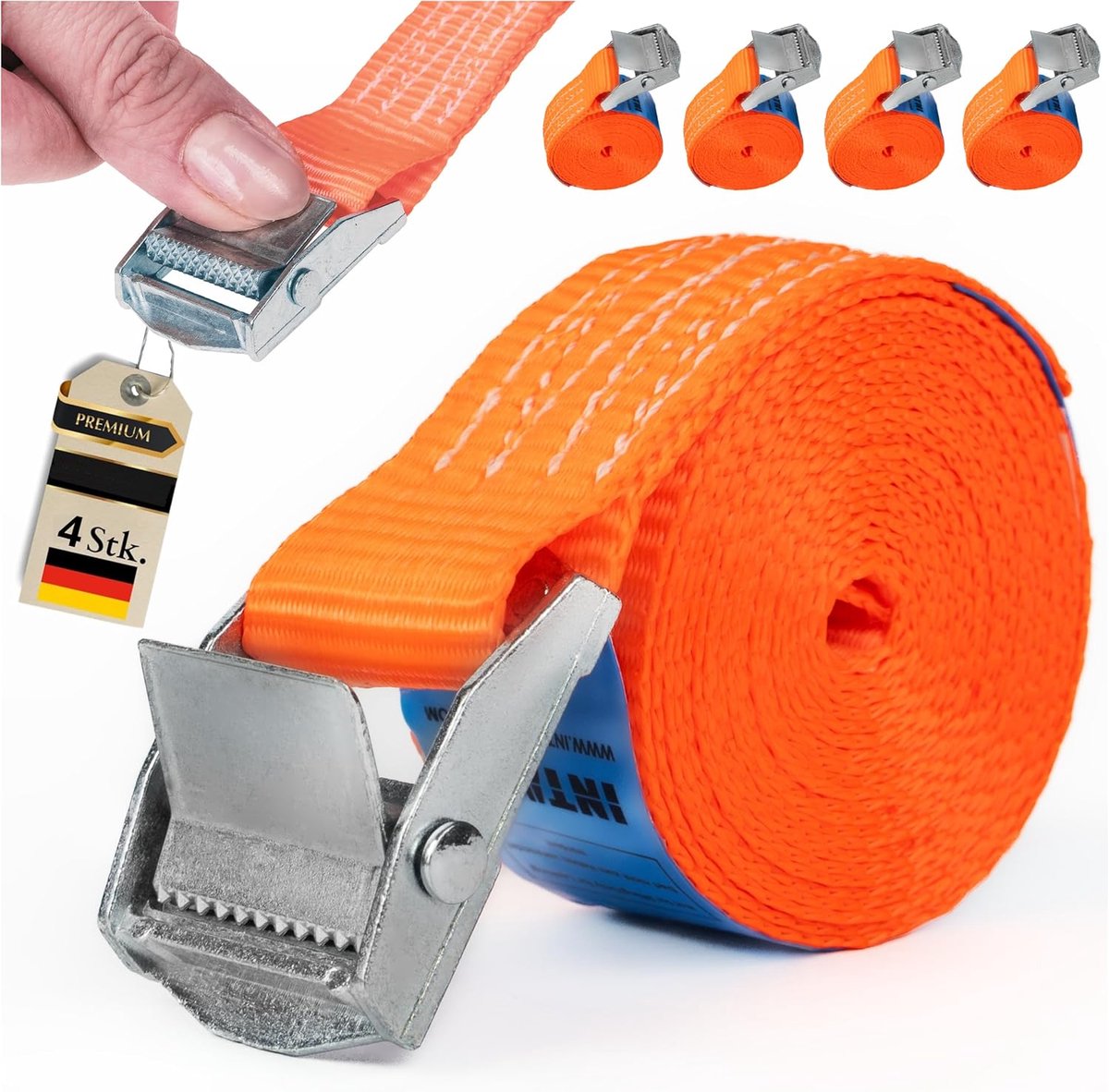 SnelShoppen - Set van 4 Lashing Straps 250kg met Clamp Buckle 25mm - 2m Verstelbare Spanbanden zonder Haken voor Luggage, Trailer, Motorfiets, Fietsen