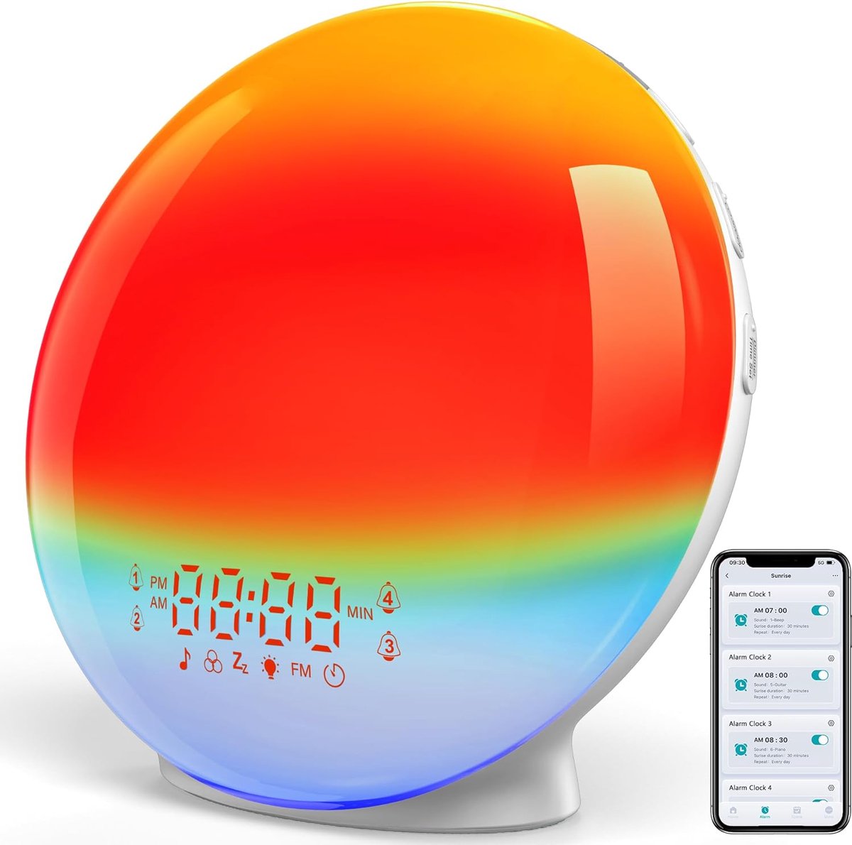 SnelShoppen - Luminous Alarm Clock, Bluetooth, App, 360° Full Screen LED, Sunrise Simulator, Dusk Lamp met 20 Helderheidsniveaus, 4 Alarmen, 7 Natuurl