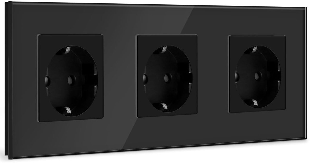 SnelShoppen - 3-way Schuko wandcontactdoos, crystal glass plaat, 16 A, zwart, perfect voor thuisgebruik, kantoor en meer