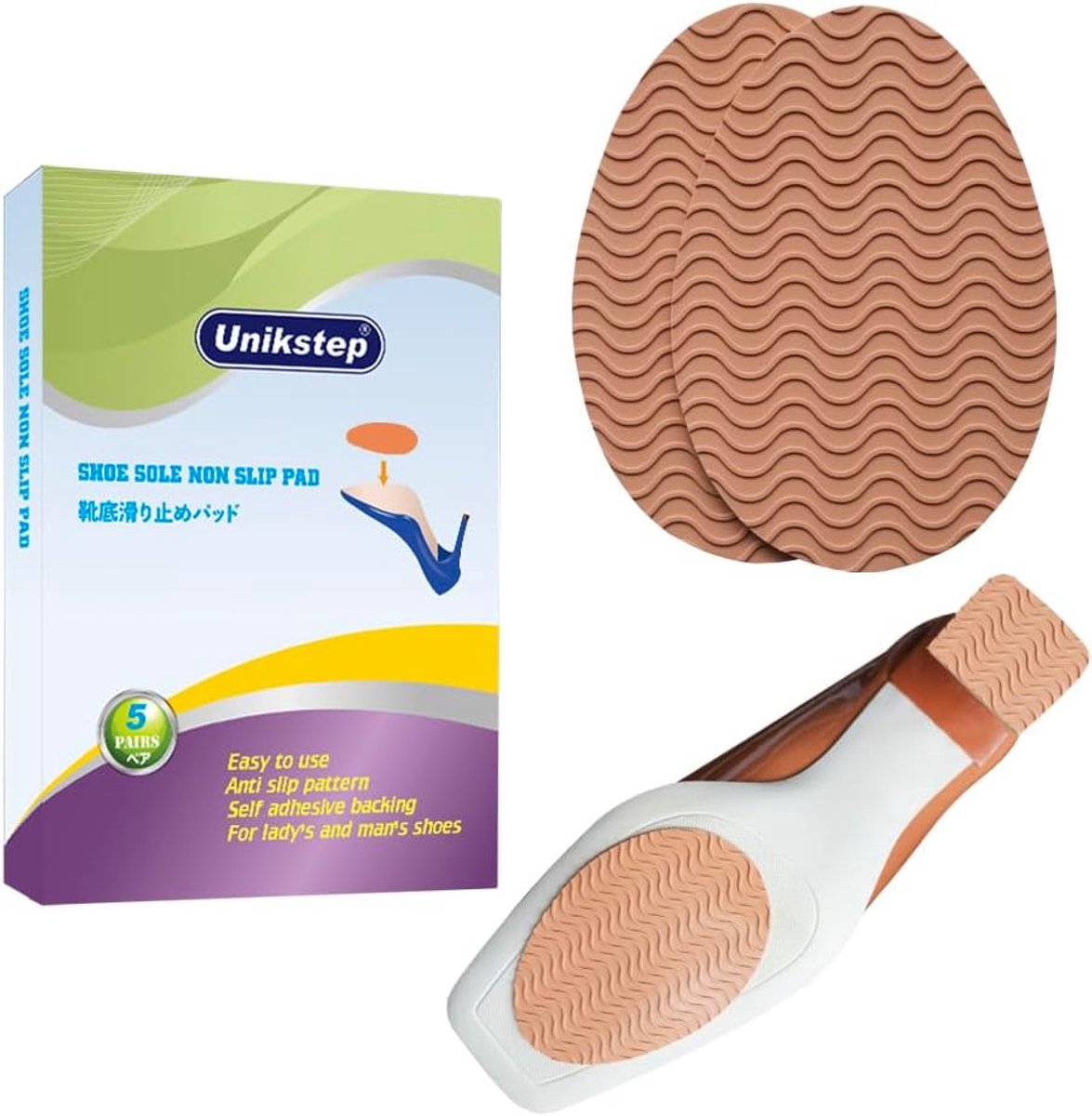 SnelShoppen - 5 paar anti-slip schoenzolen grips, zelfklevende rubber pads met golfdesign, vloer- en hakbeschermers in khaki voor veilig lopen