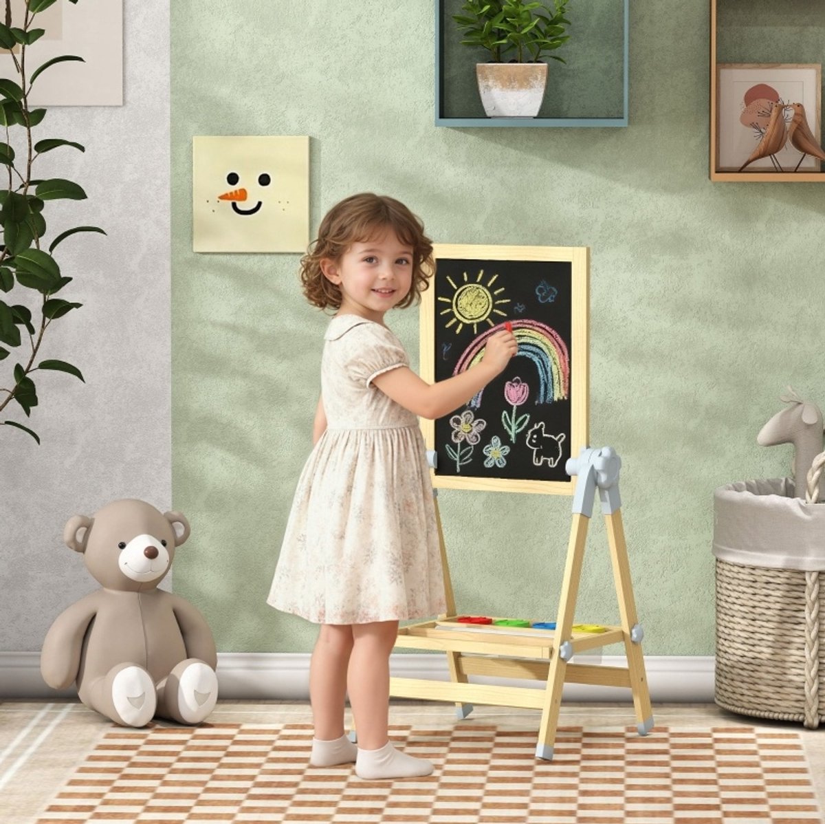 COVREO Kinder schildersezel 70-97 cm – dubbelzijdig krijtbord en whiteboard, hout, met papierrol