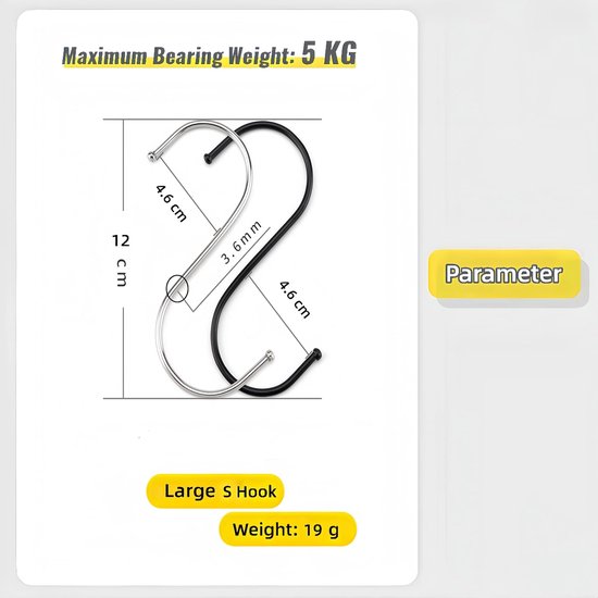 SnelShoppen - 10-Pack S-Hooks 12cm Zwarte RVS S-Haak voor Ophangen in Keuken, Badkamer, Slaapkamer, Woonkamer en Kantoor - Lichtgewicht en Roestvrij van Snelshoppen — afbeelding 3