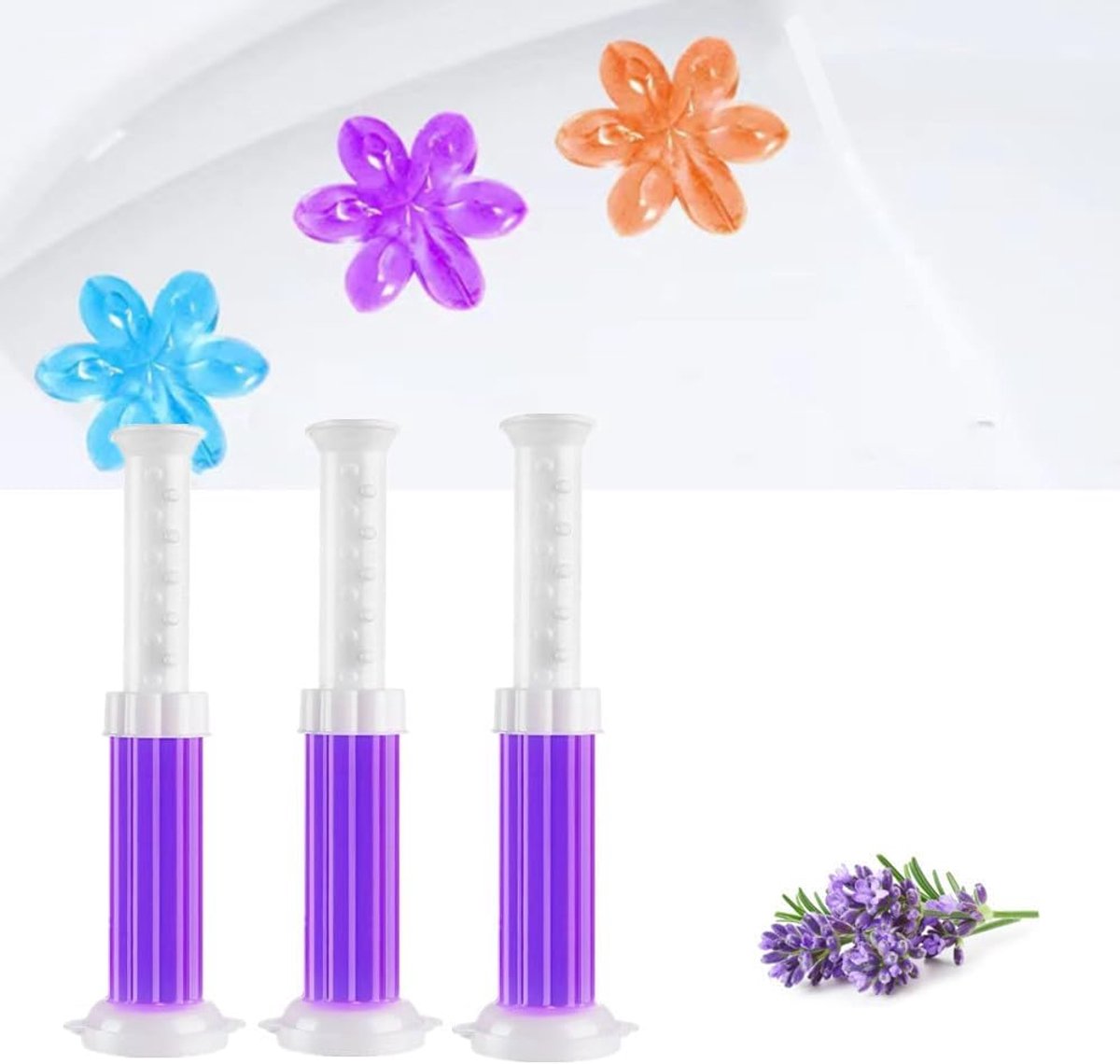 SnelShoppen - Hygienische gelstempel Set van 3 - Dispenser met 36 Geurige Bloemen - Geur: Sinaasappel, Lavendel, Oceaan - Ideaal voor Feesten, Keuken,