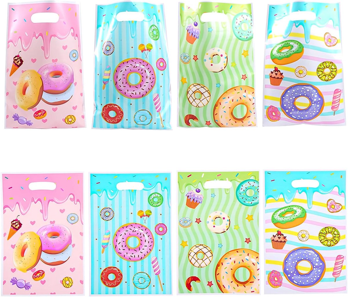 SnelShoppen - 30 Stuks Multicolored Donuts Goody Bags met Handvatten - Feestelijke Snoepzakjes voor Kinderverjaardag, Decoratie, Treat Bags voor Thema