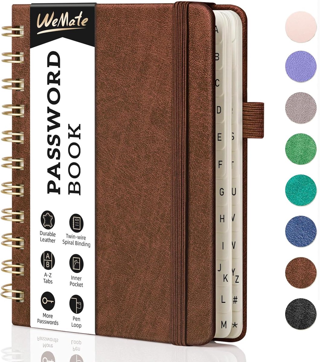 SnelShoppen - Spiral Password Book met Alfabetische Tabs - Klein Wachtwoordboek voor Senioren - Internet Wachtwoord Notitieboek - Hardcover Wachtwoord