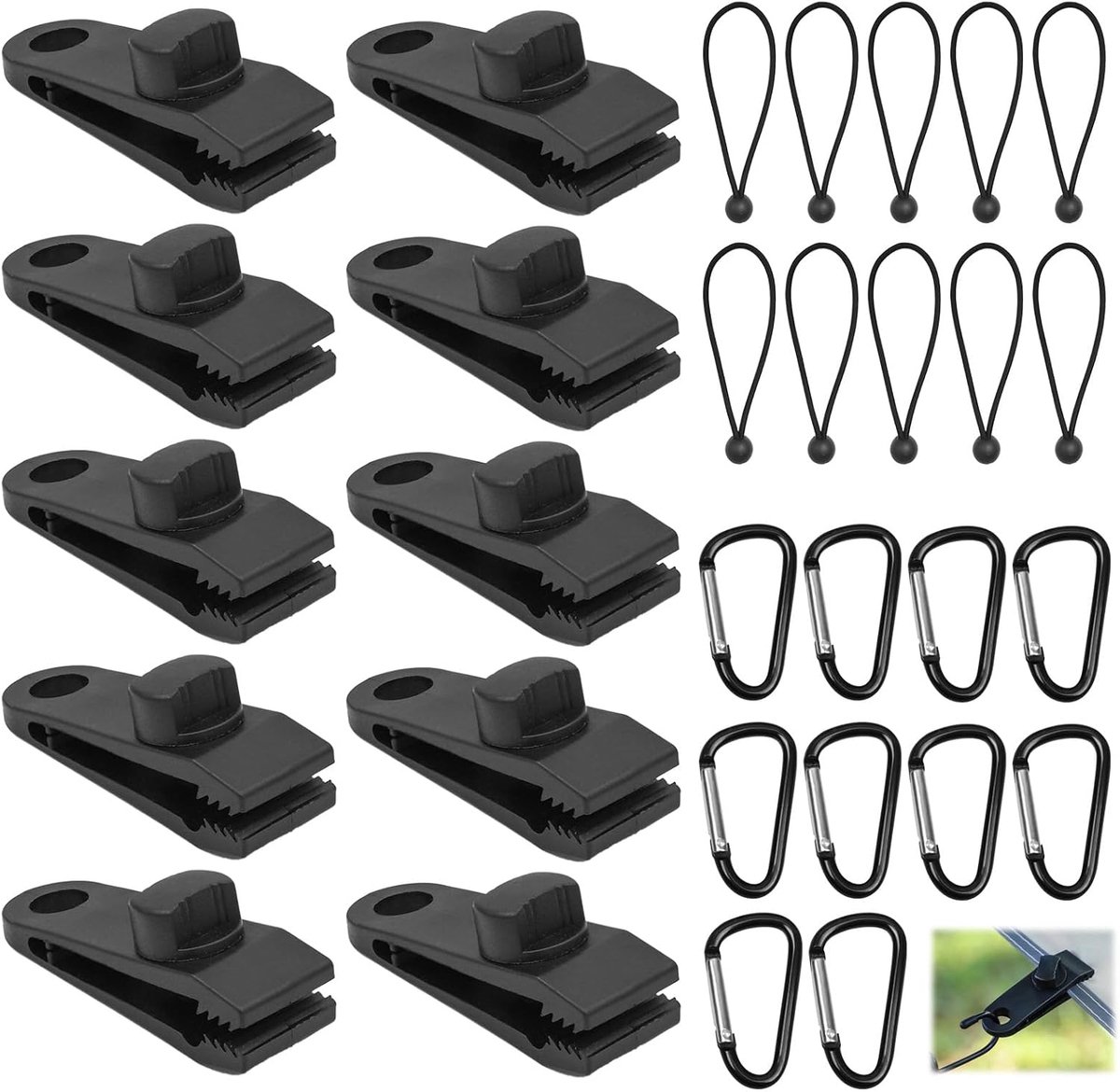 SnelShoppen - 30 stuks heavy duty tarp clips set, zeilclips met tentspankabels en karabijnhaken, bevestigingsclips voor camping, caravans, zonnezeilbe