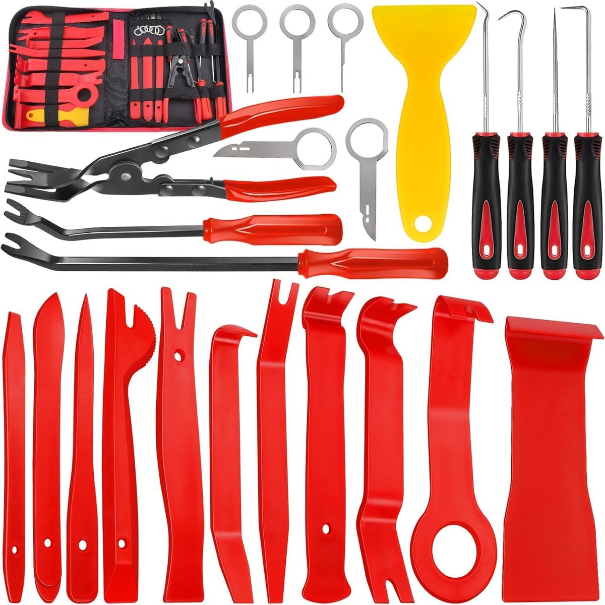 SnelShoppen - 24-delige Trimverwijderingsset met Pin Clip Verwijderaar, Kunststof Pry Tool voor Auto Interieur, Dashboard en Bekleding (Rood)