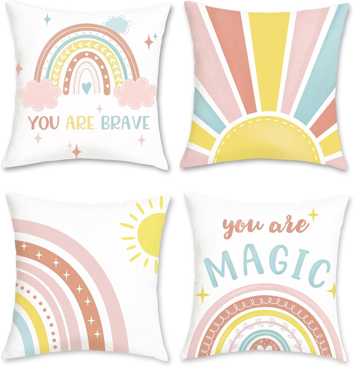 SnelShoppen - Set van 4 Kussenslopen 45x45 cm, Boho Regenboog Design, Zacht Velours, Decoratieve Kussens voor Woonkamer, Slaapkamer, Kinderkamer, Baby