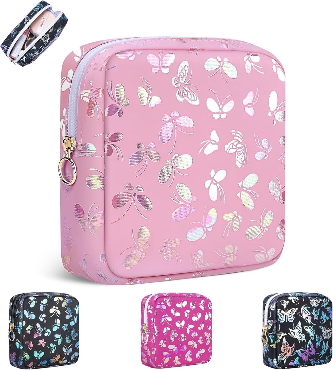 SnelShoppen - Makeup Tas Vrouwen PU Leer Multifunctioneel Portable Toilettas Waterdicht Roze Kleine Vlinder Make-up Clutch voor Feest en Reizen