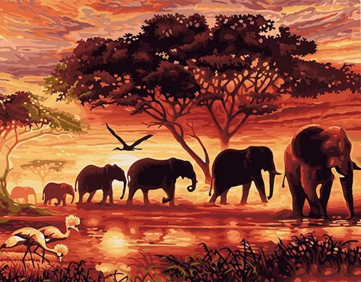 SnelShoppen - Paint by Numbers Set voor Volwassenen en Kinderen, 16x20 inch Acryl Schilderen met Olifanten, Vogels, Bomen en Zonsondergang, DIY Wandde