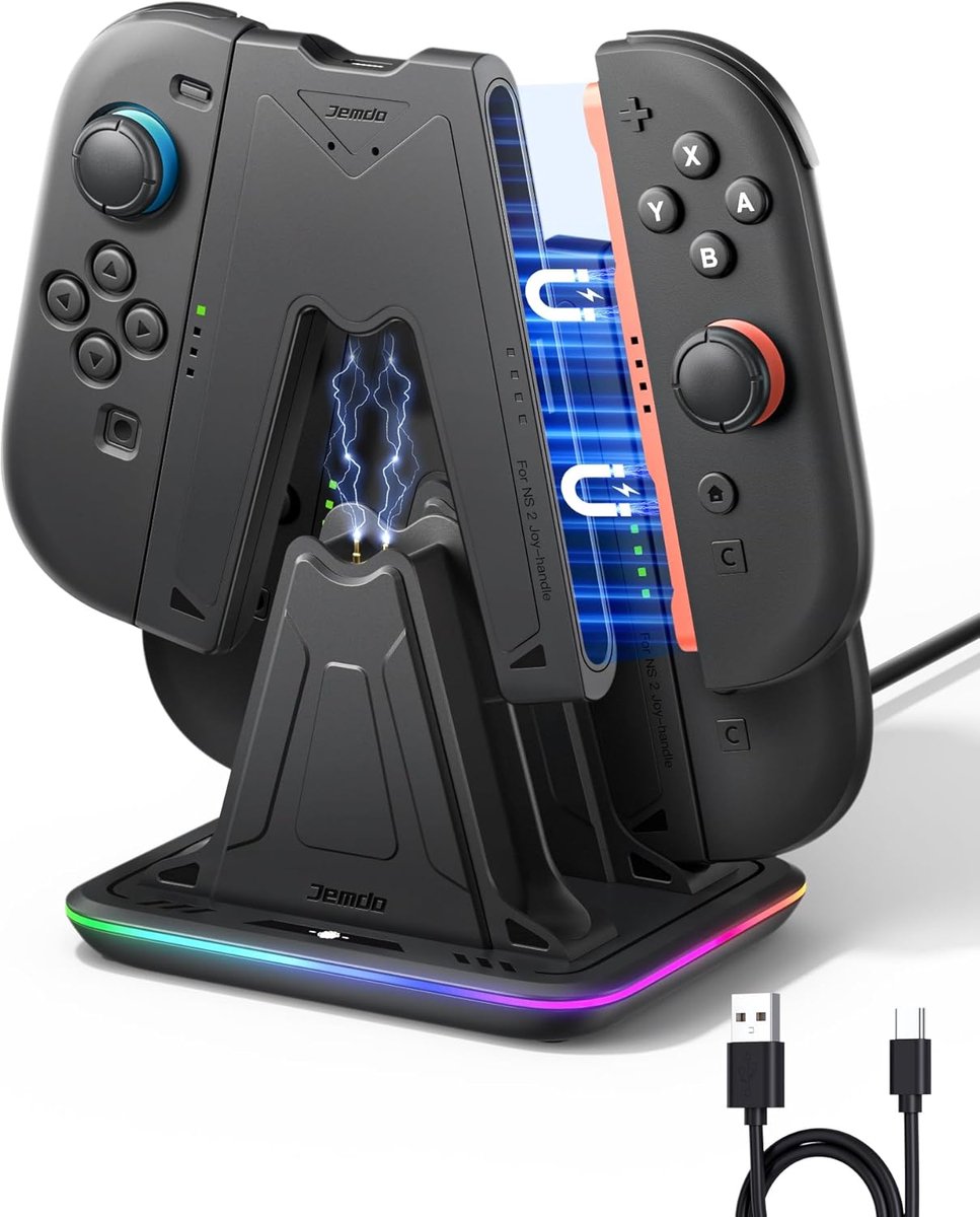 SnelShoppen - Oplaadstation voor Switch 2 Controllers met 2 Magnetische Joy Con Grips - 9 RGB Lichtmodi - LED Indicator - USB-C/Dock Opladen - Speel &