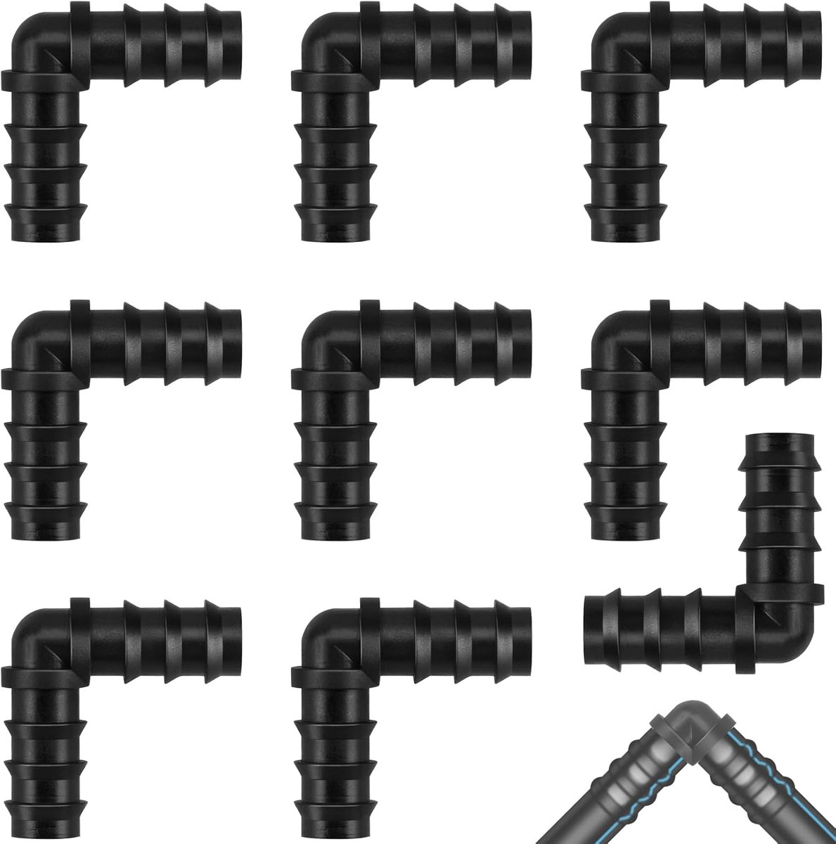 SnelShoppen - L Tuinslang Connector 16 mm (1/2 inch), Zwarte Plastic Drip Hose Connector, Irrigatie Fittings Accessoires, 9 Stuks voor Tuin en Landbou