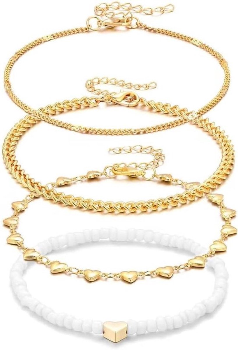 Boho enkelbandje met hart en parels, voetsieraad dames meisjes goudkleurig.