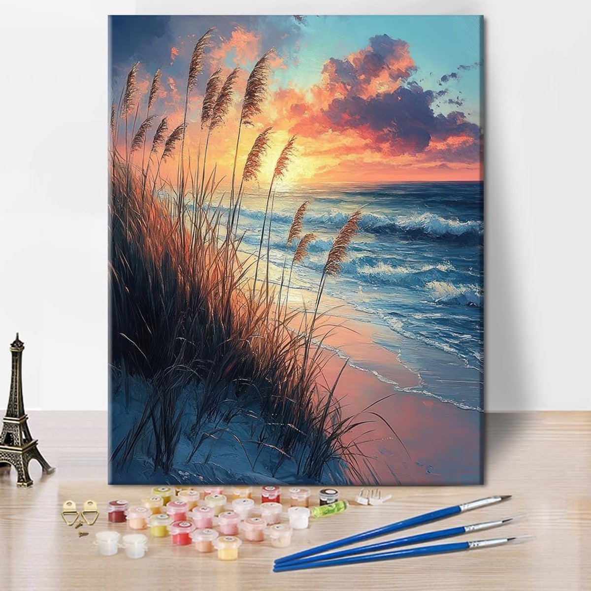 SnelShoppen - Schilderen op Nummer Set voor Volwassenen en Beginners - Golden Sunset Strand met Siergrassen - Ontspannende DIY Kleurpagina's voor Deco