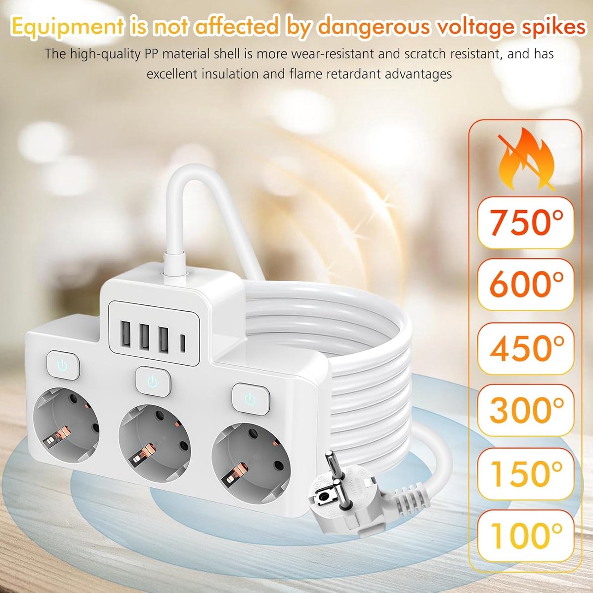 SnelShoppen - Meerdere Stekkers met Individuele Schakelaars - 3 Stopcontacten, Wandmontage, USB-C Poorten, Ruimtebesparend Ontwerp, 1.5 m Plat Snoer,