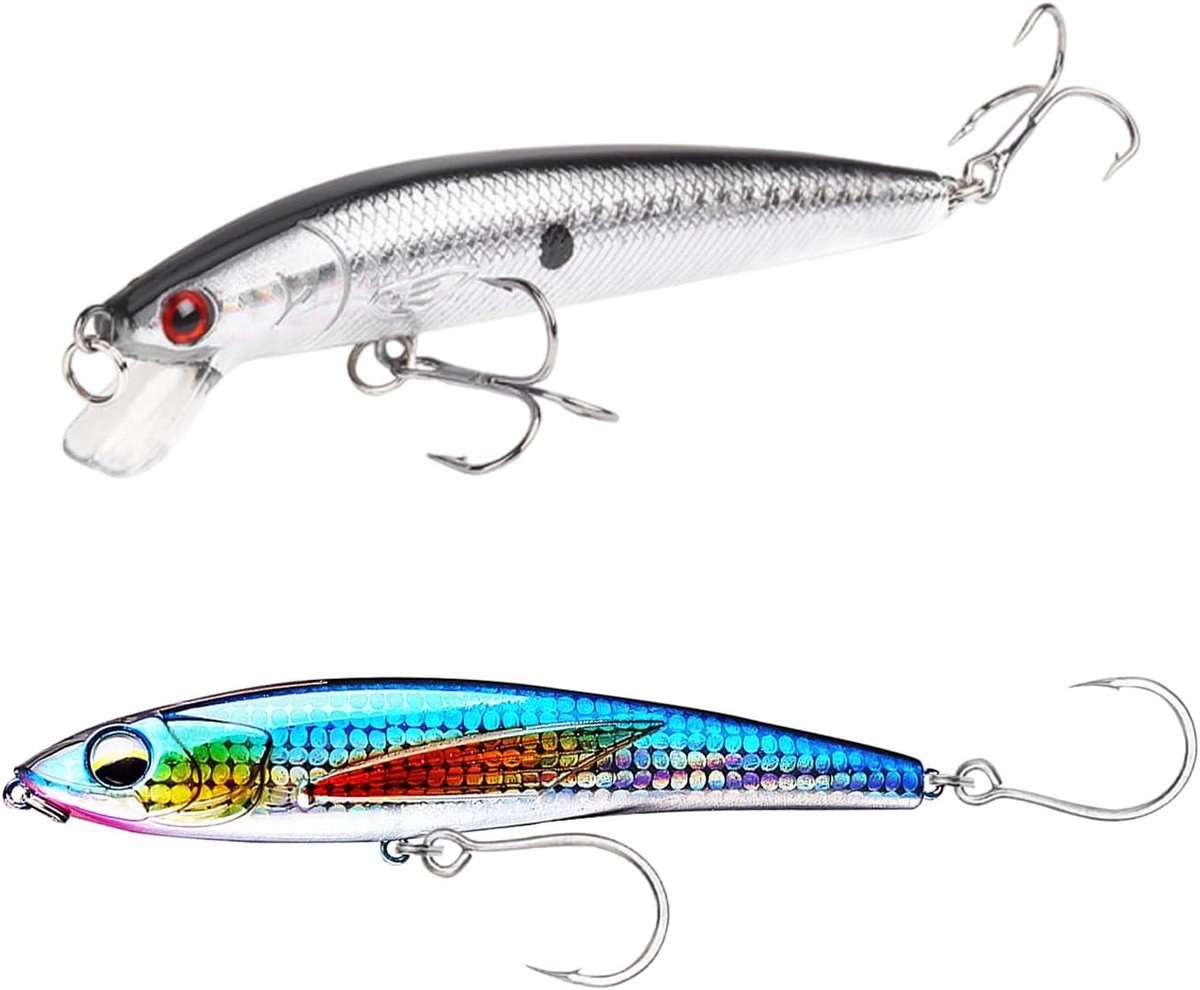 SnelShoppen - 2 Stuks Simulatie Vissersaas met Drijvers, Heldere Vissershaak, Lichtgewicht Plastic Bait voor Buiten, Blauw en Groen, 10-12 cm