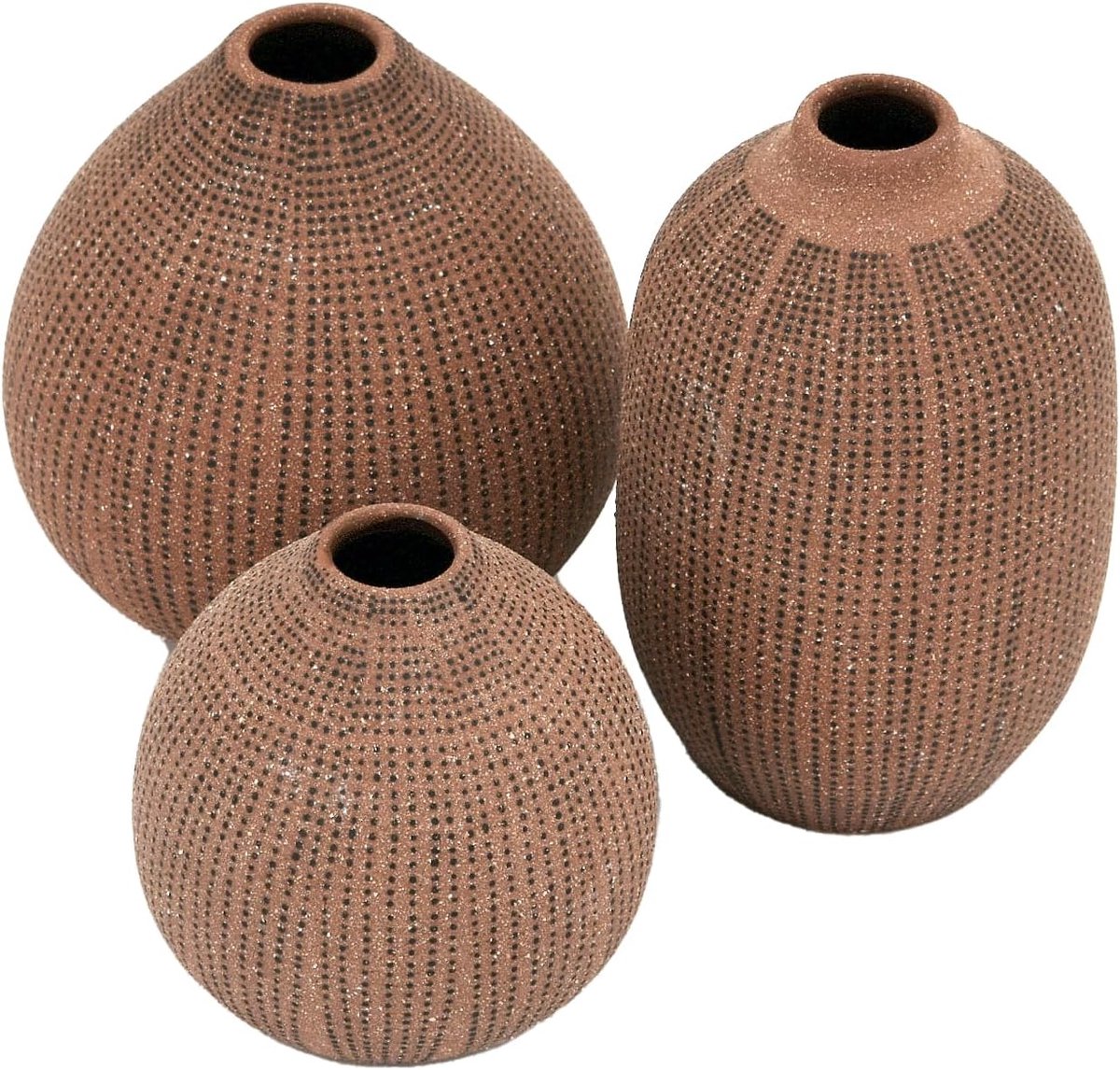 SnelShoppen - Set van 3 Decoratieve Vazen - Boho Pottery Vazen in Blush - Textuur, 100% Steenware, Verschillende Maten voor Interieurdecoratie