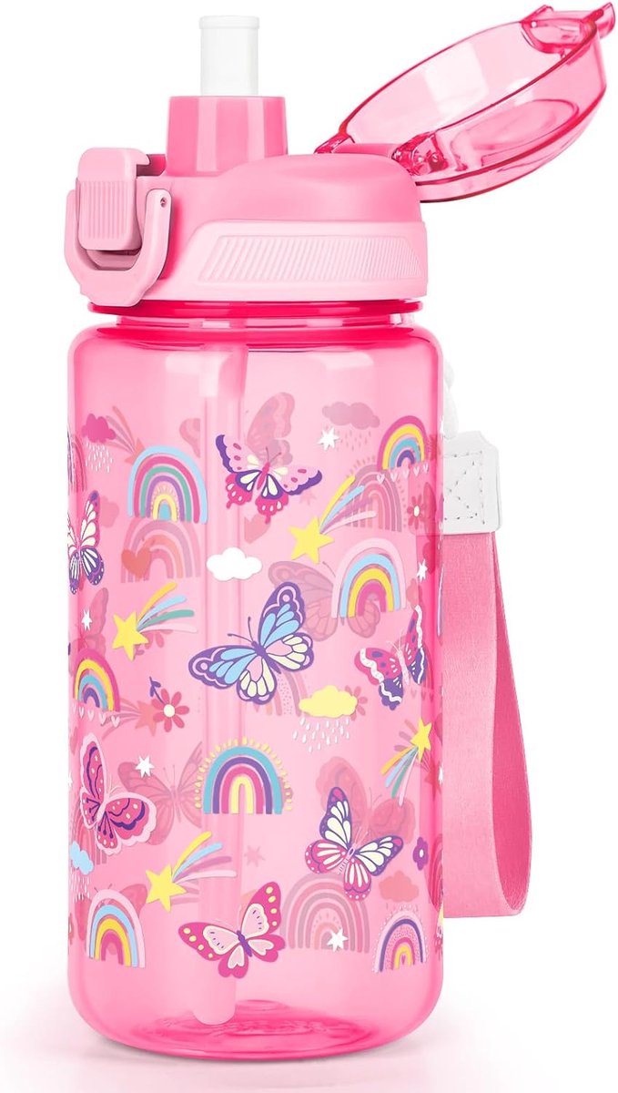 SnelShoppen - Drinkfles Kinderen 600 ml - Lekvrij, BPA-vrij, Met Rietje, Vlinder Design - Ideaal Voor School, Sport, Feestjes, Buiten Activiteiten - V