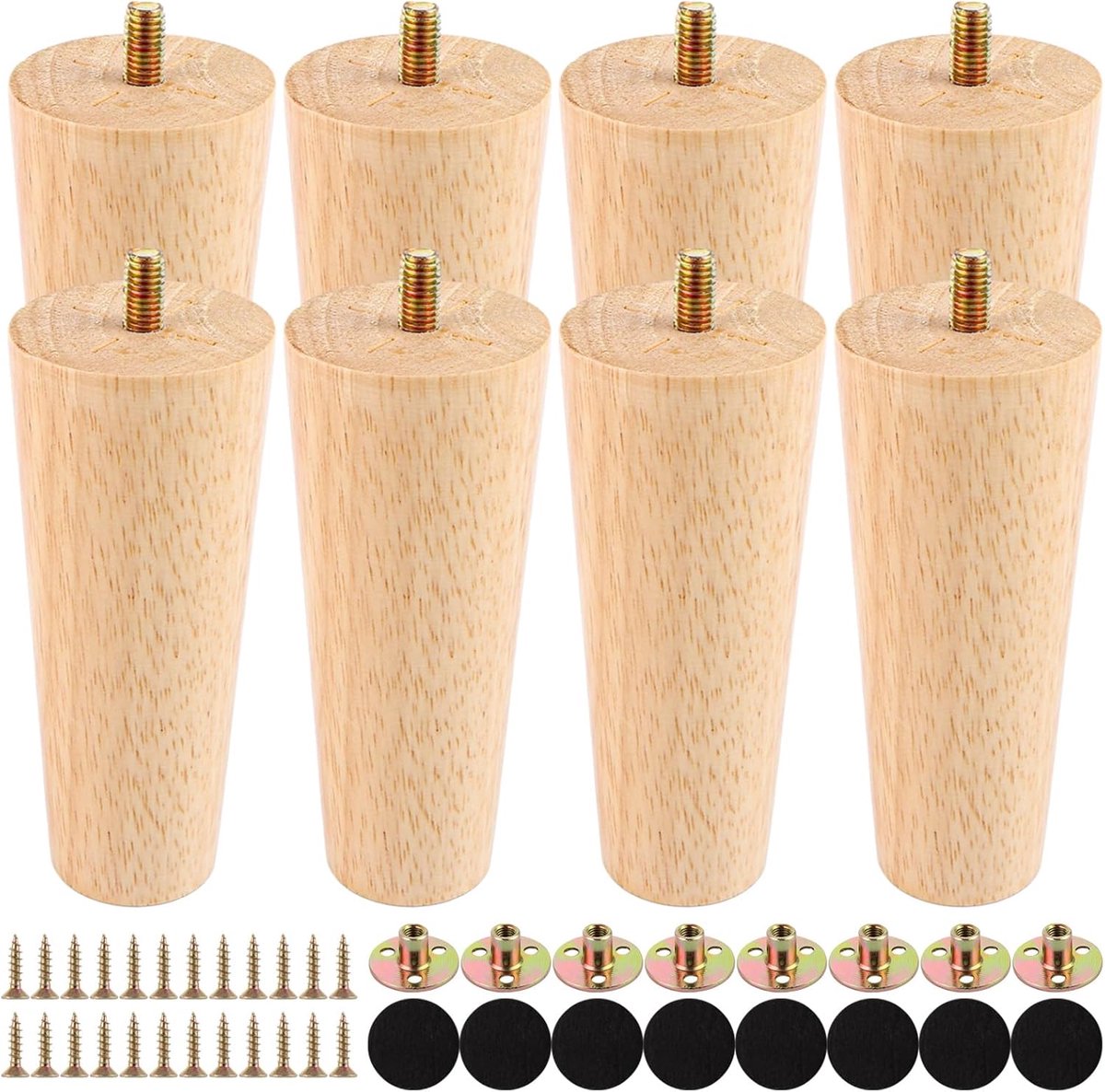 SnelShoppen - 8 Stuks Meubelpoten Hout, Conische Meubelpoten 12cm met Draad, Houten Poten 12cm voor Bank, Kast, Stoel, Tafel en DIY Renovatie