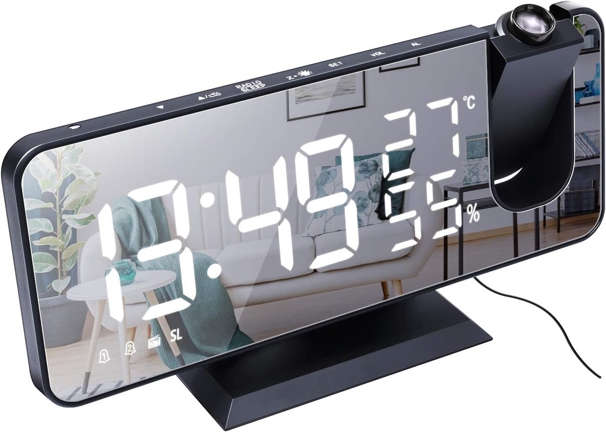 SnelShoppen - ThreeH Projectie Wekker met Grote 7.4 Inch LED Spiegelweergave, 4 Dimmer Radio Alarm Klok, USB Opladen, 180° Rotatable, 2 Geluiden, Zwar