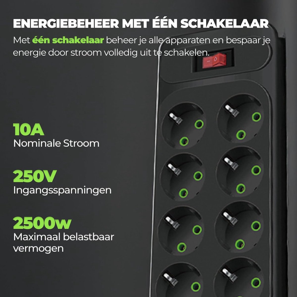 SnelShoppen - Power Brick Stekkerdoos met 8 Stopcontacten, 6 USB Poorten, 2500W, Zwart, 2 Meter - Ideaal voor Thuis, Kantoor en Onderweg