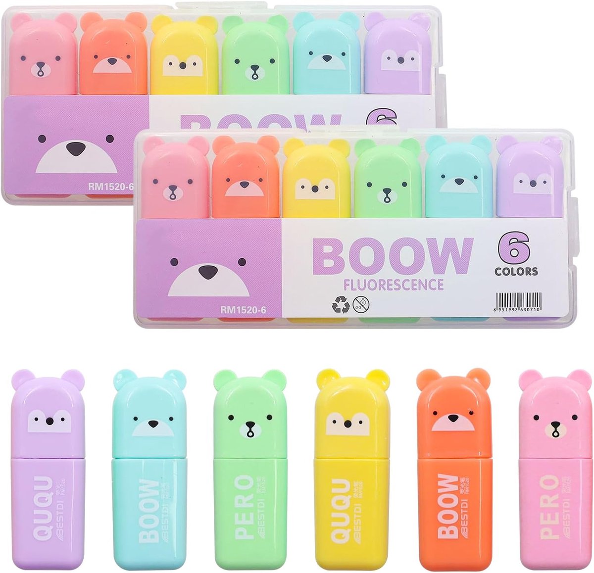 SnelShoppen - Pack van 18 Mini Highlighters Kawaii Bear - 6 Kleuren Pastel Mini Markers voor School, Thuis, Kantoor - Leuke en Creatieve Highlighters