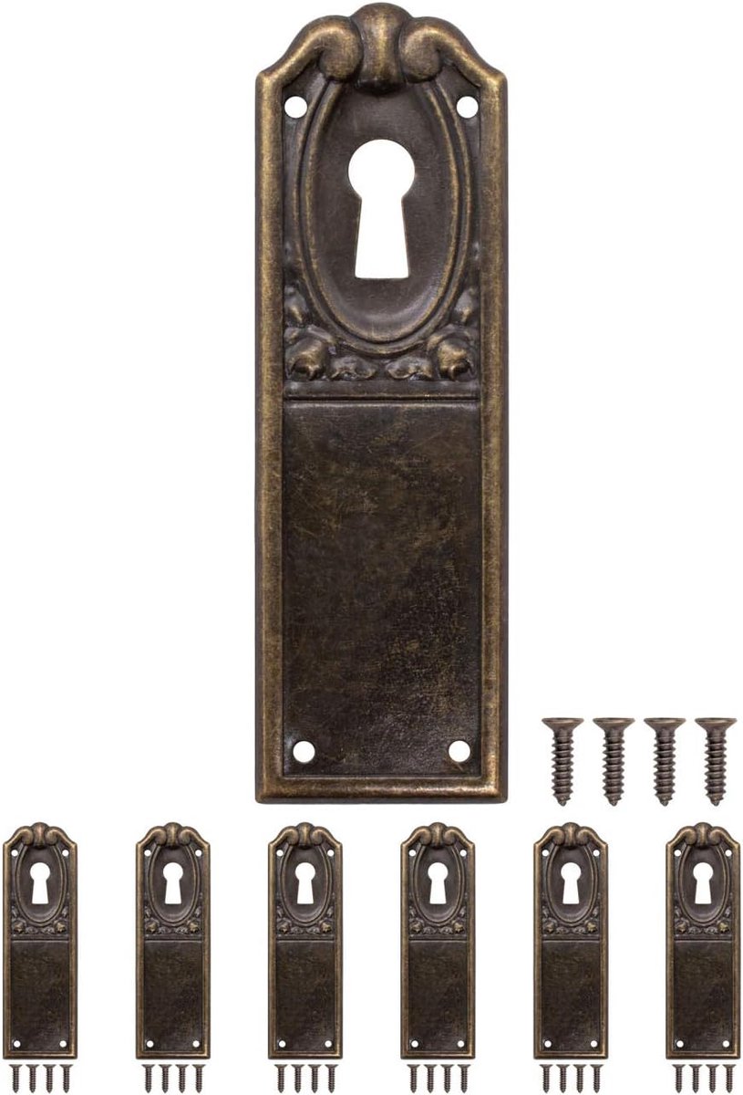 SnelShoppen - 6x Antique Keyplates, Vintage Brass Lock Rosettes 90x28mm, Perfect voor Meubelrenovatie, Art Deco Design voor Deuren en Kasten