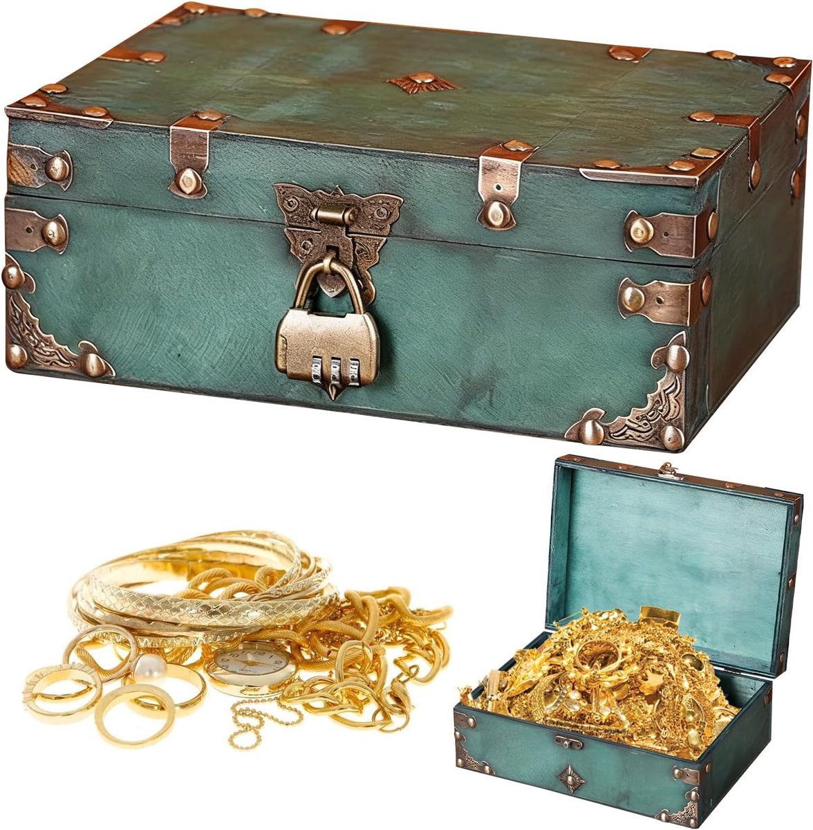 SnelShoppen - Vintage Houten Schatkist, 24x17x9.5 cm, Groen, Met Combinatieslot, Rustieke Kinder Schatkist voor Opslag en Decoratie