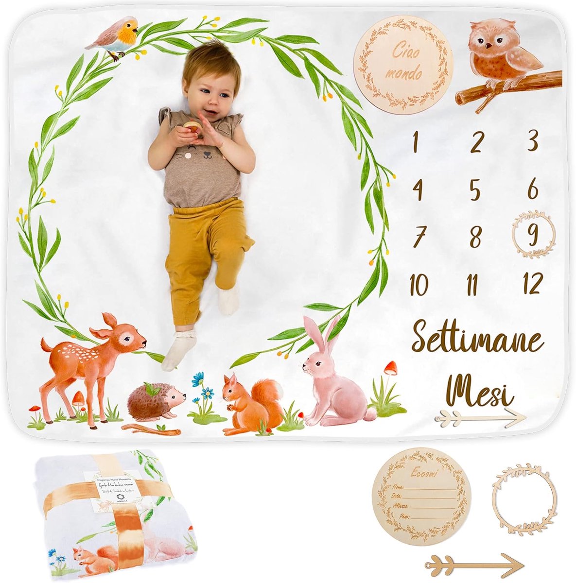SnelShoppen - ODOXIA Maanddeken voor Baby's, Unisex Groeideken met Bosmotief, Persoonlijk Cadeau voor Pasgeborenen, Inclusief Houten Fotokader, Ideaal