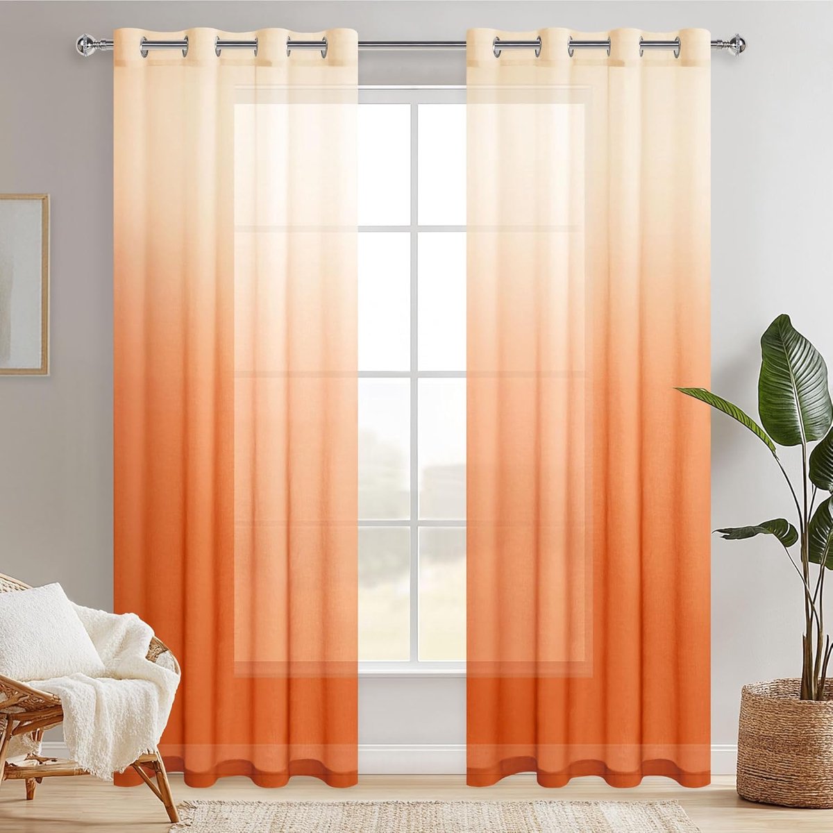 Sheer Gordijnen met ogen en kleurverloop, transparante raamsjaal, gordijn, voile gordijnen voor slaapkamer en woonkamer, 225 x 140 cm (h x b), set van 2 wit, oranje