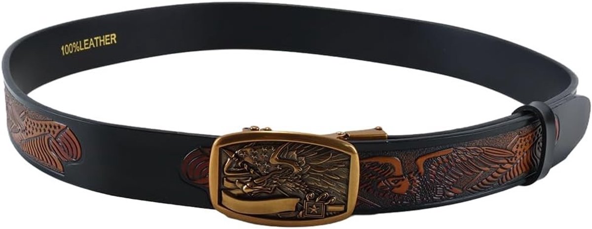 Elegante zwarte leren herenriem met western cowboy stijl, gespsluiting en unieke veren en sterdetails, 120 cm
