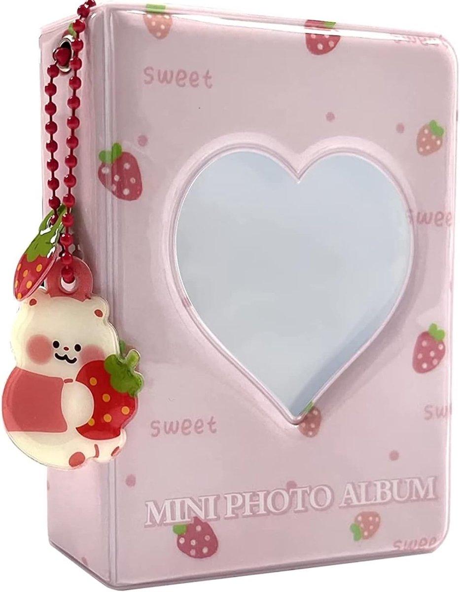 SnelShoppen - 3 Inch Roze Mini Foto Album, Hartvormige Hallow Kaart Binder Kpop Foto Kaart Houder met Beer Hangertje, 40 Pockets voor Foto Collectie