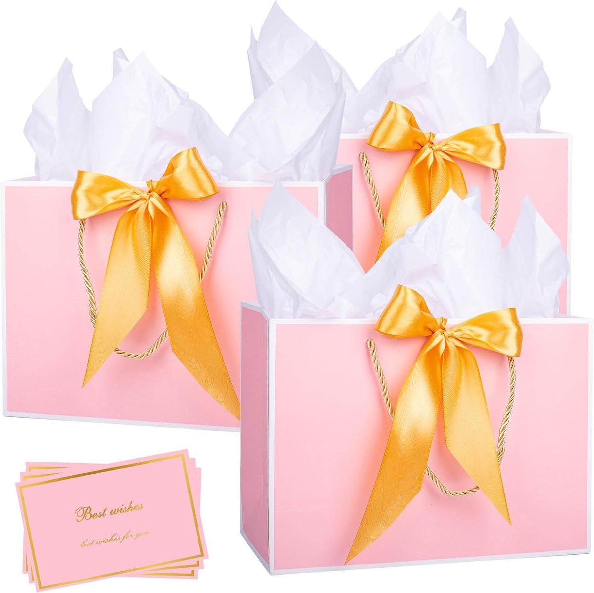 SnelShoppen - Roze Cadeauzakken met Handvatten, 3 Stuks Medium Papieren Cadeauzakken, Inclusief 6 Tissuepapier en 3 Wenskaarten voor Verjaardag, Bruil