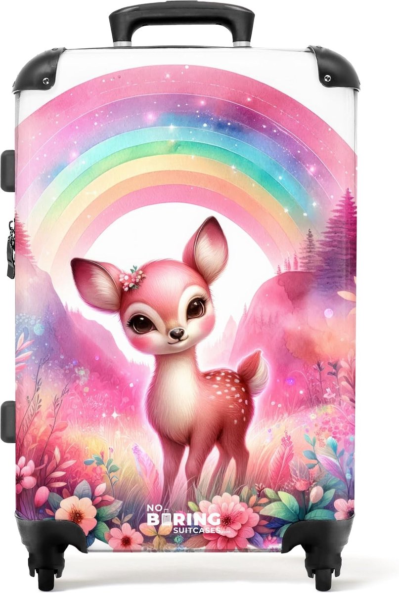 SnelShoppen - Ultralichte Kinder Reis Koffer met 4 Wielen, TSA Slot, Grote Inhoud van 72L, Roze Herten Design, Perfect voor Vakantie en Reizen (Medium