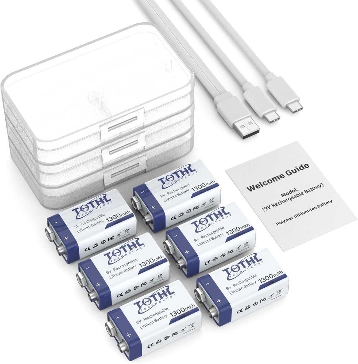 SnelShoppen - 6 stuks oplaadbare 9V batterijen 1300mAh met USB-C oplaadkabel voor rookmelders, multimeters en meer - Blokbatterij met opbergdoos