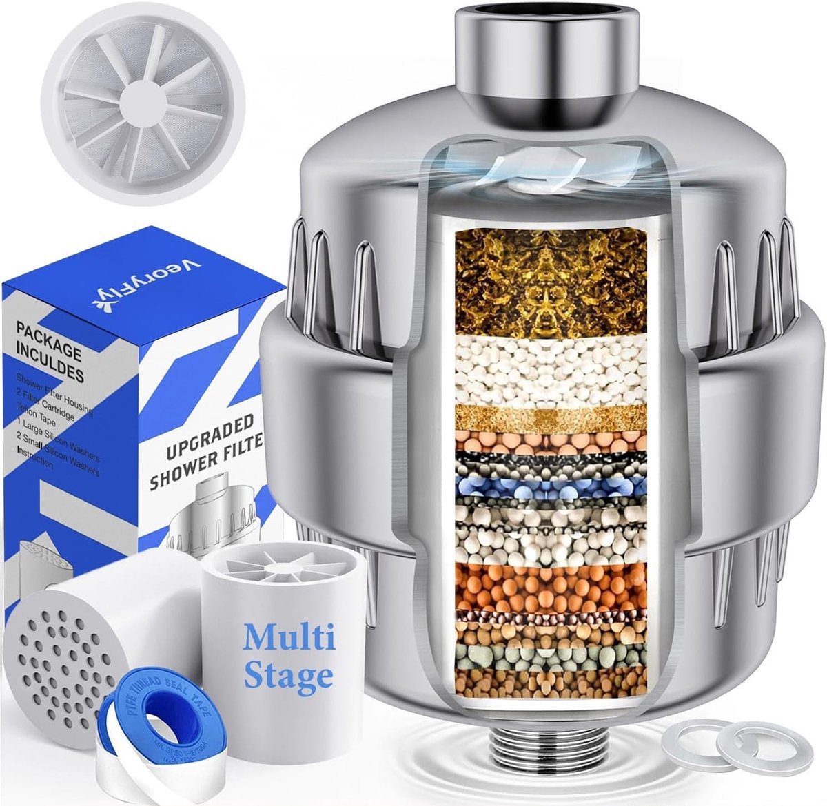 SnelShoppen - Shower filter tegen kalk en chloor met 2 cartridges, waterfilter douche met roterende turbine, verwijdert chloor en fluoride, verbetert